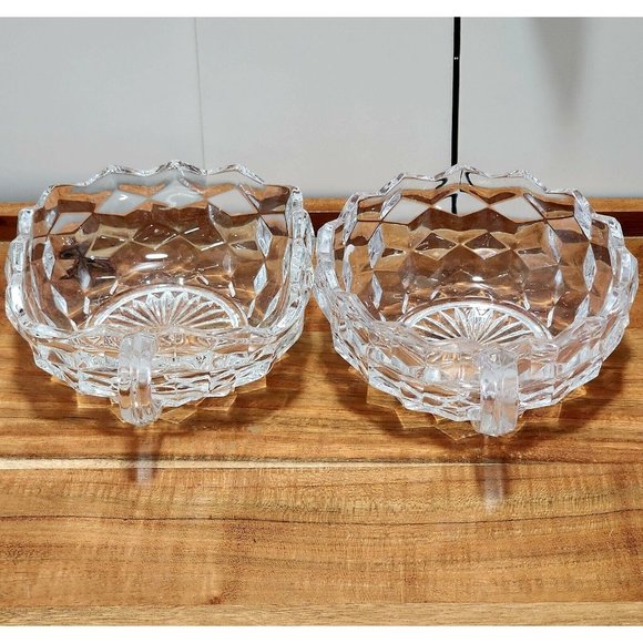 2 Fostoria American Cubist Glass Bowl 4.5" Round Dish + Square Nappy handled 80s - Picture 4 of 11